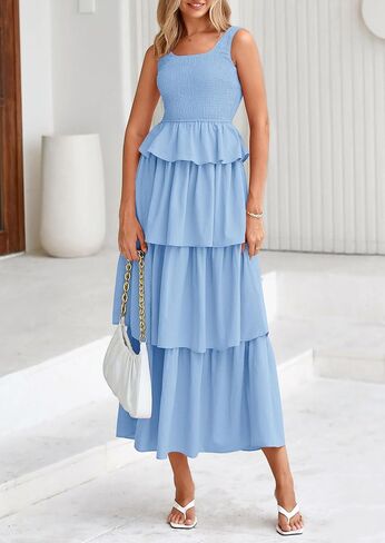 PRETTYGARDEN Womens 2025 Summer Sleeveless Midi Dress Scoop Neck A Line Smocked Ruffle Tiered Layered Beach Vacation Dresses in Saudi Arabia