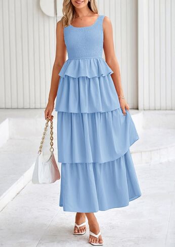 PRETTYGARDEN Womens 2025 Summer Sleeveless Midi Dress Scoop Neck A Line Smocked Ruffle Tiered Layered Beach Vacation Dresses in Saudi Arabia