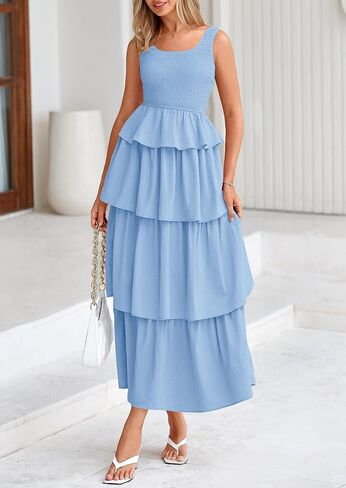 PRETTYGARDEN Womens 2025 Summer Sleeveless Midi Dress Scoop Neck A Line Smocked Ruffle Tiered Layered Beach Vacation Dresses in Saudi Arabia