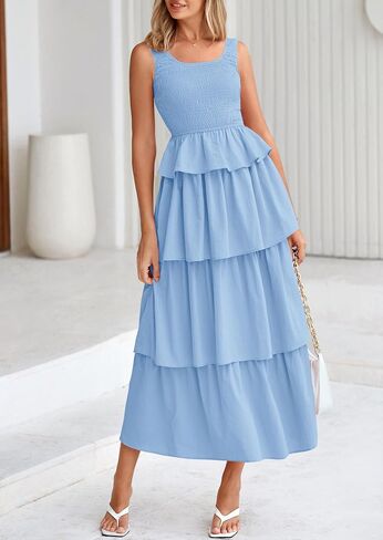 PRETTYGARDEN Womens 2025 Summer Sleeveless Midi Dress Scoop Neck A Line Smocked Ruffle Tiered Layered Beach Vacation Dresses in Saudi Arabia