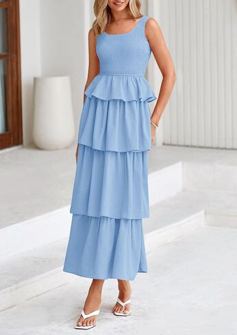 PRETTYGARDEN Womens 2025 Summer Sleeveless Midi Dress Scoop Neck A Line Smocked Ruffle Tiered Layered Beach Vacation Dresses in Saudi Arabia