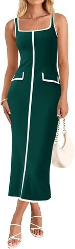 Saodimallsu Womens Summer Sleeveless Midi Dress Square Neck Knit Cocktail Bodycon Color Block Tank Dresses in Saudi Arabia