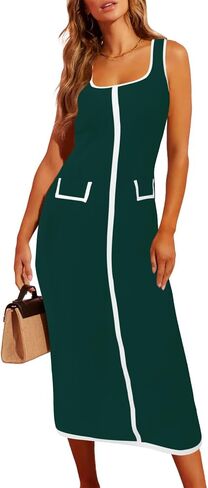 Saodimallsu Womens Summer Sleeveless Midi Dress Square Neck Knit Cocktail Bodycon Color Block Tank Dresses in Saudi Arabia