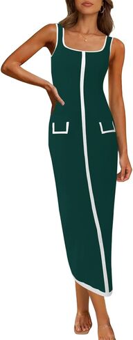 Saodimallsu Womens Summer Sleeveless Midi Dress Square Neck Knit Cocktail Bodycon Color Block Tank Dresses in Saudi Arabia