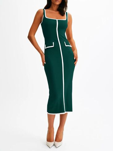 Saodimallsu Womens Summer Sleeveless Midi Dress Square Neck Knit Cocktail Bodycon Color Block Tank Dresses in Saudi Arabia
