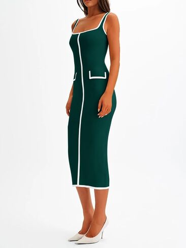 Saodimallsu Womens Summer Sleeveless Midi Dress Square Neck Knit Cocktail Bodycon Color Block Tank Dresses in Saudi Arabia