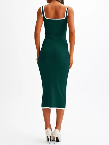 Saodimallsu Womens Summer Sleeveless Midi Dress Square Neck Knit Cocktail Bodycon Color Block Tank Dresses in Saudi Arabia