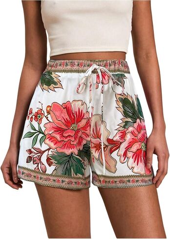 Women's Boho Floral Summer Shorts High Waisted Wide Leg Tropical Holiday Vacation Shorts in Kuwait