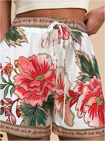 Women's Boho Floral Summer Shorts High Waisted Wide Leg Tropical Holiday Vacation Shorts in Kuwait