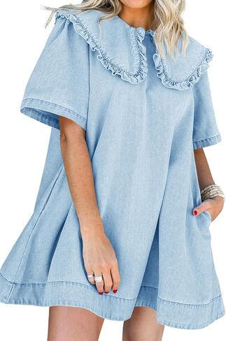 Kedera Womens Denim Mini Dress 2025 Peter Pan Collar Short Sleeve Casual Summer Babydoll Jean Dress with Pockets in Saudi Arabia