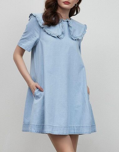 Kedera Womens Denim Mini Dress 2025 Peter Pan Collar Short Sleeve Casual Summer Babydoll Jean Dress with Pockets in Saudi Arabia