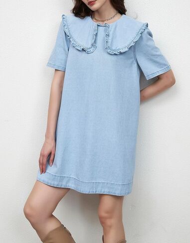 Kedera Womens Denim Mini Dress 2025 Peter Pan Collar Short Sleeve Casual Summer Babydoll Jean Dress with Pockets in Saudi Arabia
