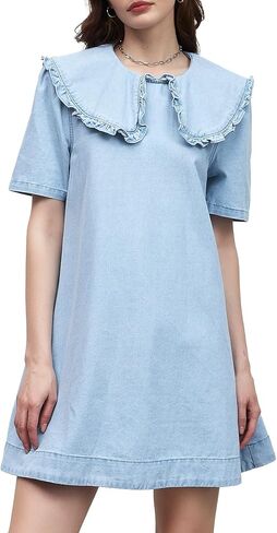 Kedera Womens Denim Mini Dress 2025 Peter Pan Collar Short Sleeve Casual Summer Babydoll Jean Dress with Pockets in Saudi Arabia