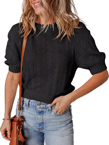 Womens Crochet Puff Short Sleeve Sweater Tops Crewneck Cover Up Lightweight Pullover Sweaters Blouse for Dress in Saudi Arabia
