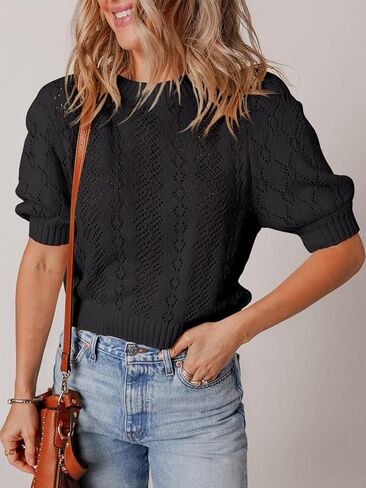 Womens Crochet Puff Short Sleeve Sweater Tops Crewneck Cover Up Lightweight Pullover Sweaters Blouse for Dress in Saudi Arabia
