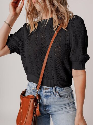 Womens Crochet Puff Short Sleeve Sweater Tops Crewneck Cover Up Lightweight Pullover Sweaters Blouse for Dress in Saudi Arabia