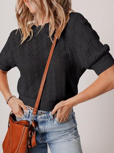 Womens Crochet Puff Short Sleeve Sweater Tops Crewneck Cover Up Lightweight Pullover Sweaters Blouse for Dress in Saudi Arabia