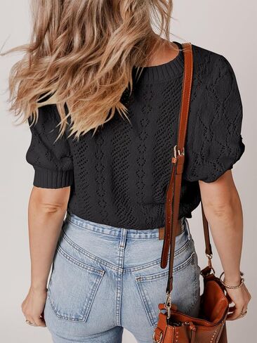 Womens Crochet Puff Short Sleeve Sweater Tops Crewneck Cover Up Lightweight Pullover Sweaters Blouse for Dress in Saudi Arabia