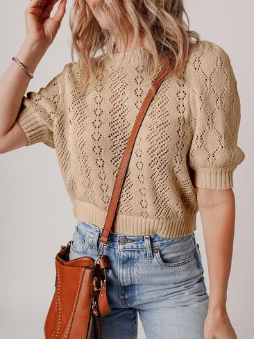 Womens Crochet Puff Short Sleeve Sweater Tops Crewneck Cover Up Lightweight Pullover Sweaters Blouse for Dress in Saudi Arabia