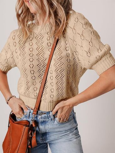 Womens Crochet Puff Short Sleeve Sweater Tops Crewneck Cover Up Lightweight Pullover Sweaters Blouse for Dress in Saudi Arabia