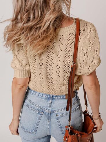 Womens Crochet Puff Short Sleeve Sweater Tops Crewneck Cover Up Lightweight Pullover Sweaters Blouse for Dress in Saudi Arabia
