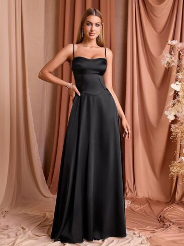 Kutumai Satin Maxi Dress Spaghetti Strap Strap Lace Up Long Stal Presses for Women Wedding Guest Cocktail Prom Prom in Saudi Arabia