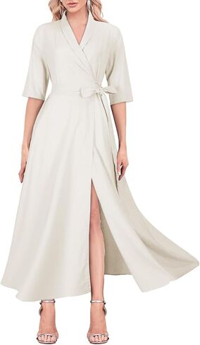 Mingyuezai Women's Linen Wrap Dress V-Neck Lace Up Half Sleeve Maxi Dress in Saudi Arabia