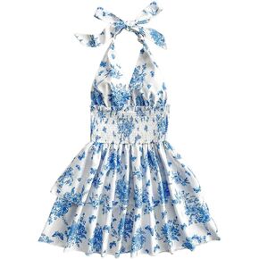 SOLY HUX Women's Sundresses Boho Halter V Neck Backless Ruffle Flowy Summer Beach Mini Dress in Kuwait