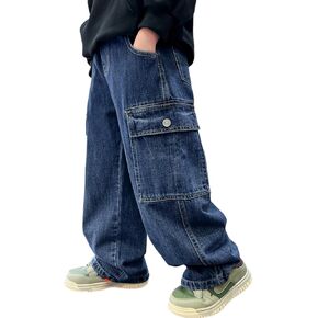 Rolanko Boys Baggy Jeans, Wide Leg Elastic Waist Denim Pants Loose Fit Trousers Vintage Y2K Streetwear in Kuwait