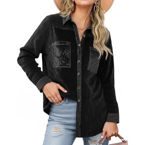 Cicy Bell Womens Velvet Button Down Shirt Casual Long Sleeve V Neck Collared Tops Fall Winter Shacket Jacket with Pockets in Saudi Arabia