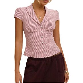 MakeMeChic Women's Striped Button Down Shirt Cap Sleeve Collared Fitted Blouse Tops in Saudi Arabia
