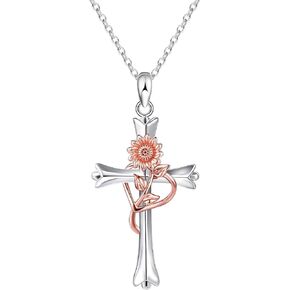 ميسوفور قلادة كروس فضية مئوية للنساء ، قلادة قلادة صليب مملوءة بالفضة مع زهرة الولادة الذهب الوردية | هدايا المجوهرات للزوجة المراهقة النساء in Kuwait