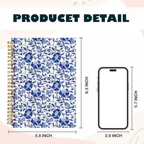 BearCake Chinoiserie Grandmillennial Notebook Journal، دفتر جمالي زهري أزرق، مجلة Chinoiserie، لوازم مكتبية جمالية زرقاء، دفاتر ملاحظات للعمل، دفتر ملاحظات حلزوني بغلاف مقوى 5.5x8.3 in Saudi Arabia