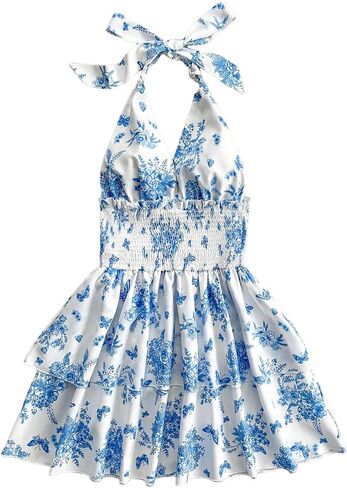 SOLY HUX Sundresses Boho Halter v الرقبة الخلف الكشكش تدفق الصيف شاطئ Mini Dress in Kuwait
