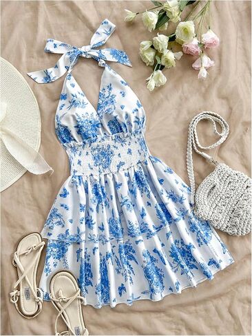 SOLY HUX Sundresses Boho Halter v الرقبة الخلف الكشكش تدفق الصيف شاطئ Mini Dress in Kuwait