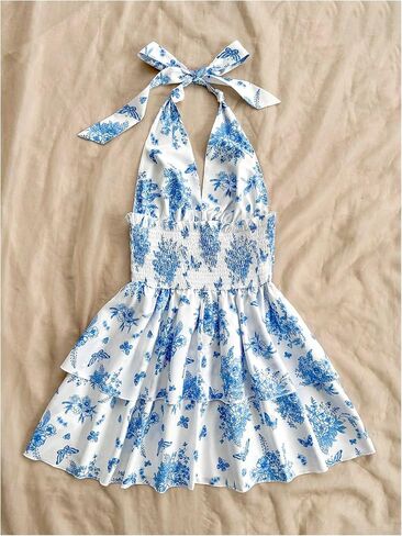 SOLY HUX Sundresses Boho Halter v الرقبة الخلف الكشكش تدفق الصيف شاطئ Mini Dress in Kuwait