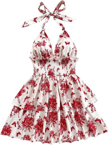 SOLY HUX Sundresses Boho Halter v الرقبة الخلف الكشكش تدفق الصيف شاطئ Mini Dress in Saudi Arabia