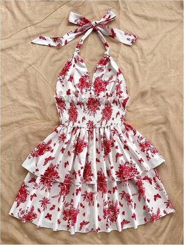 SOLY HUX Sundresses Boho Halter v الرقبة الخلف الكشكش تدفق الصيف شاطئ Mini Dress in Saudi Arabia