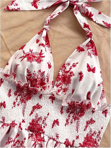 SOLY HUX Sundresses Boho Halter v الرقبة الخلف الكشكش تدفق الصيف شاطئ Mini Dress in Saudi Arabia