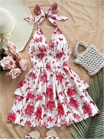 SOLY HUX Sundresses Boho Halter v الرقبة الخلف الكشكش تدفق الصيف شاطئ Mini Dress in Saudi Arabia