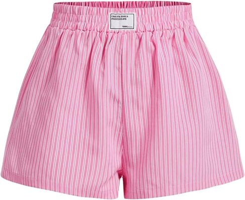 Women's Striped Boxer Shorts Letter Patched Wide Leg Lounge Pajama Shorts Casual Pj Bottoms in Saudi Arabia