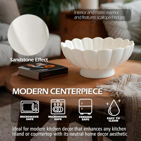 8" White Stoneware Scalloped Ruffle Decorative Bowl-Moderate Ceramic Fruit Bowl for Kitchen Counter, Elegant Wavy Edge Centerpiece Bowls for Home Decor, Perfect for Housewarming &Wedding Gift in Saudi Arabia