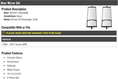 Aluminum Manual Door Mirror - Set of 2 - Convex Glass - 16 X 6.5 Inch - Compatible With 1986-2017 Isuzu Npr in Saudi Arabia