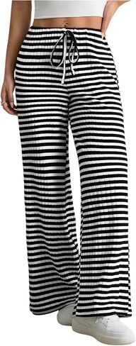 Floerns Women's Wide Leg Drawstring Striped Pants Low Waisted Casual Loose Trousers in Saudi Arabia