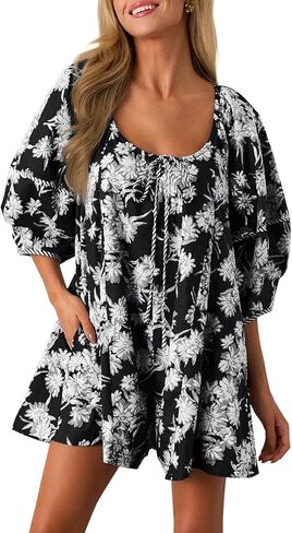 Cicy Bell Womens Summer Floral Romper Loose Scoop Neck Lantern Sleeve Short Jumpsuits Front Tie Beach Outfits (Coffee, Small) in Saudi Arabia
