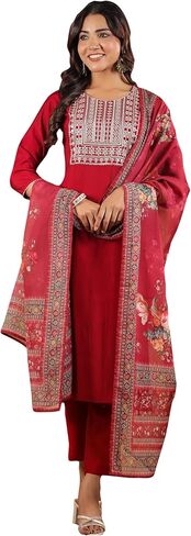 Janasya Indian Women's Kurta Kurti Set for Women Straight Maroon Yoke Embroidery Regular Casual Calf Length Kurta Kurti Set in Saudi Arabia