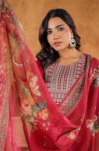 Janasya Indian Women's Kurta Kurti Set for Women Straight Maroon Yoke Embroidery Regular Casual Calf Length Kurta Kurti Set in Saudi Arabia