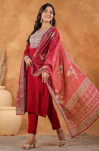 Janasya Indian Women's Kurta Kurti Set for Women Straight Maroon Yoke Embroidery Regular Casual Calf Length Kurta Kurti Set in Saudi Arabia