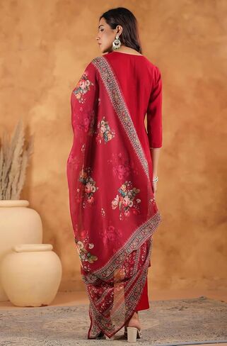 Janasya Indian Women's Kurta Kurti Set for Women Straight Maroon Yoke Embroidery Regular Casual Calf Length Kurta Kurti Set in Saudi Arabia