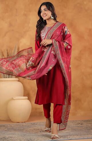 Janasya Indian Women's Kurta Kurti Set for Women Straight Maroon Yoke Embroidery Regular Casual Calf Length Kurta Kurti Set in Saudi Arabia